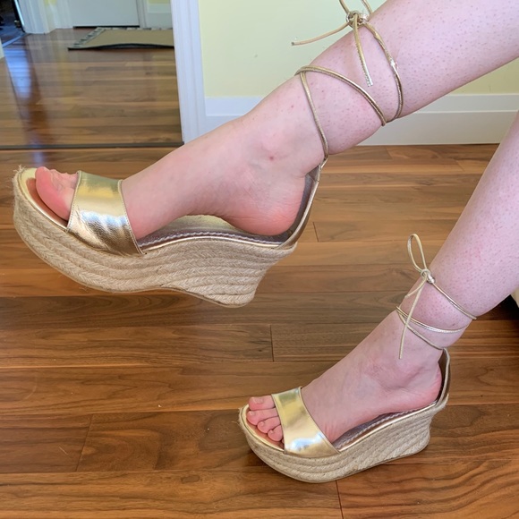 Elle Shiny gold leather sandals tie-up espadrille wedges with high platform US10 - Picture 2 of 12